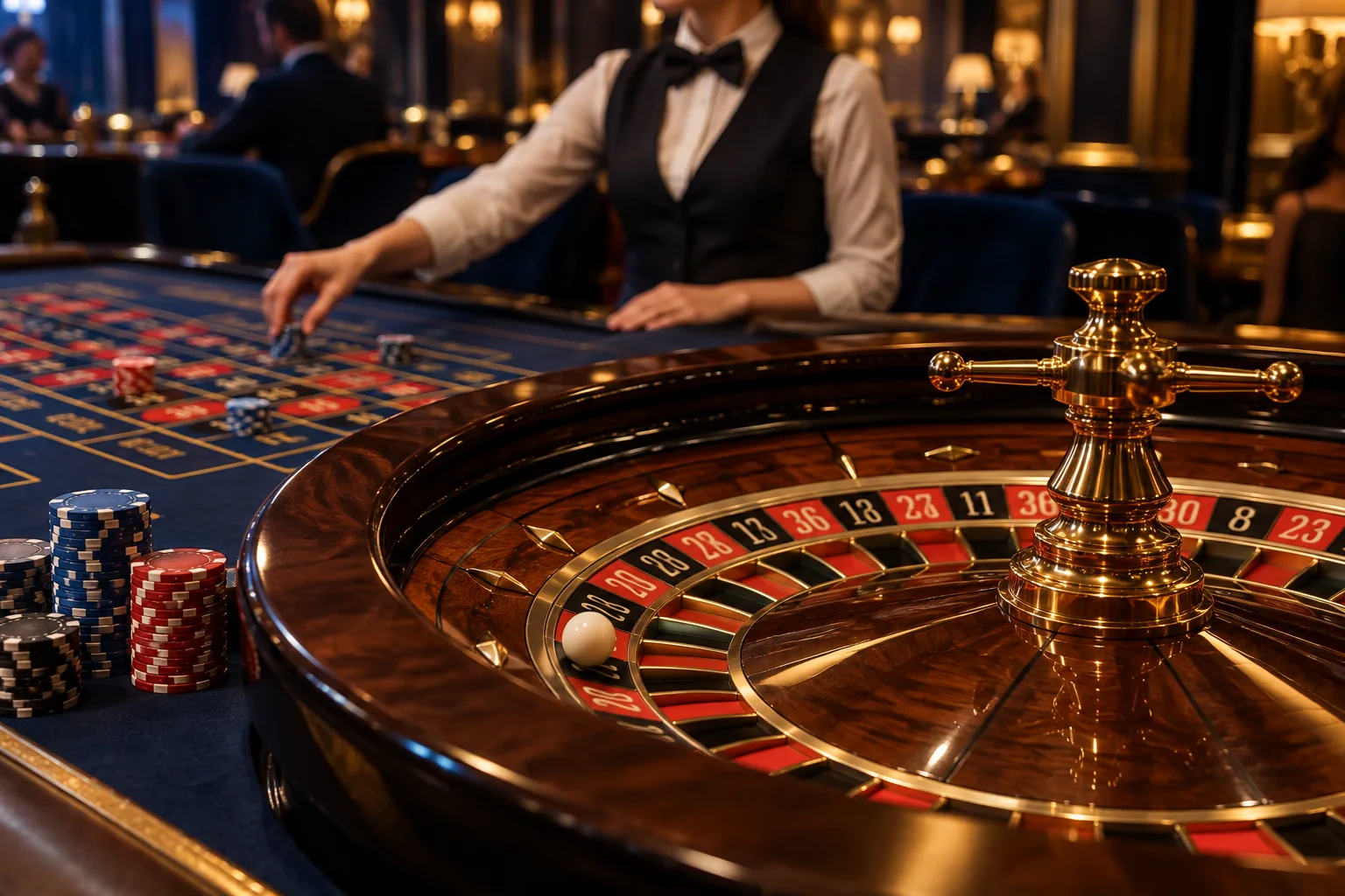 Roulette wheel and a dealer at a warmly lit casino table