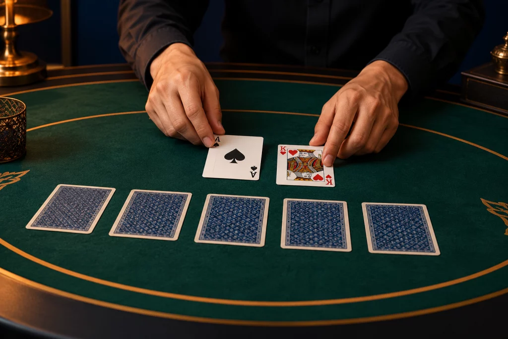 Editorial card-table illustration for the Teen Patti rules guide