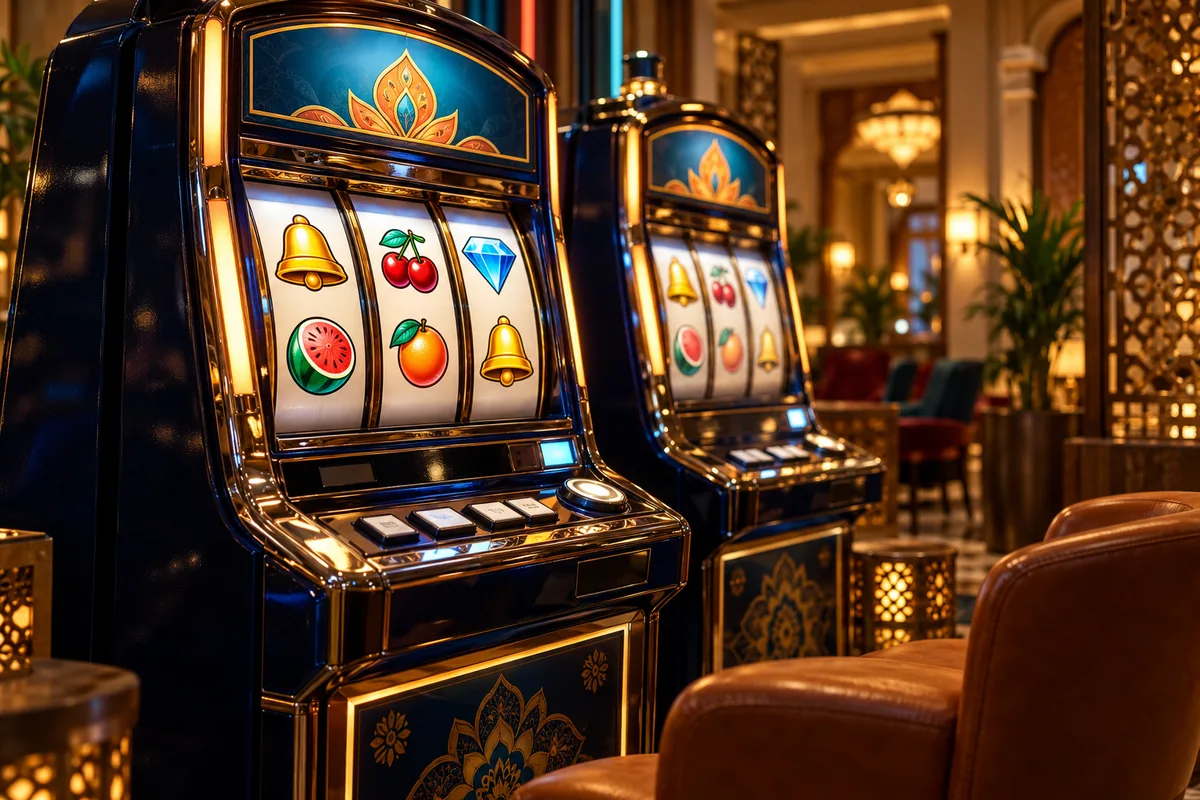 Two unbranded slot machines with fruit, bell and diamond reels in a warmly lit casino lounge.